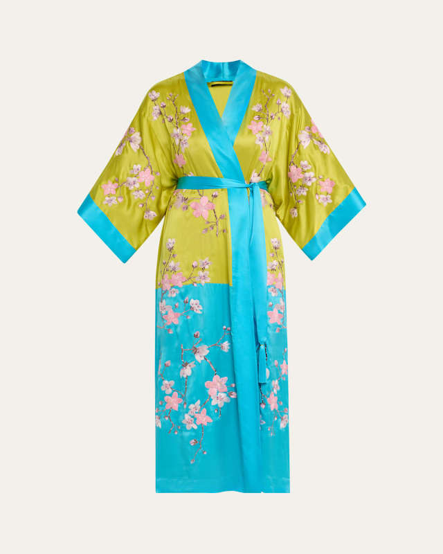 Sakura Couture Embroidered Colorblock Silk Robe